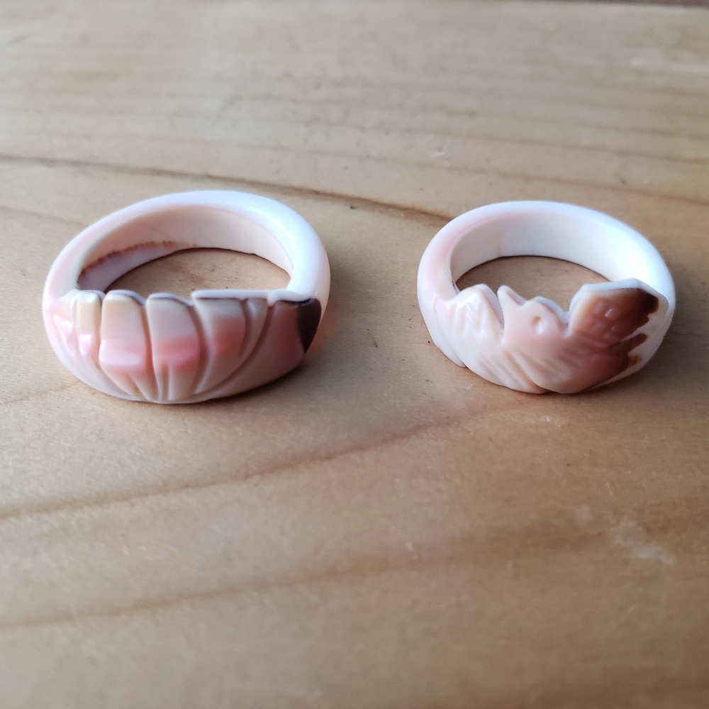 Lot of Two Handcarved Conch Shell Rings, One Dove Shell Ring and One Lotus Ring